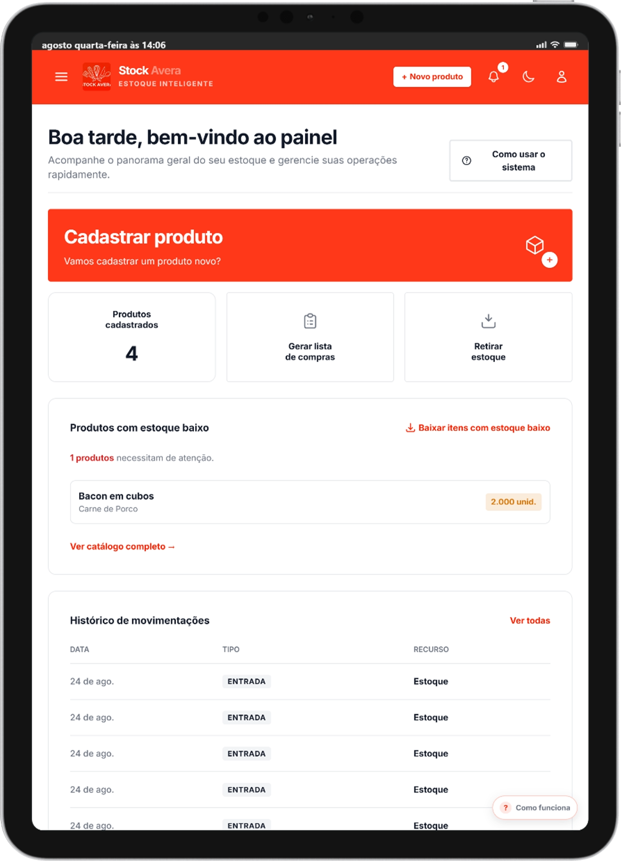 Painel do Stock Avera exibido em um iPad Pro